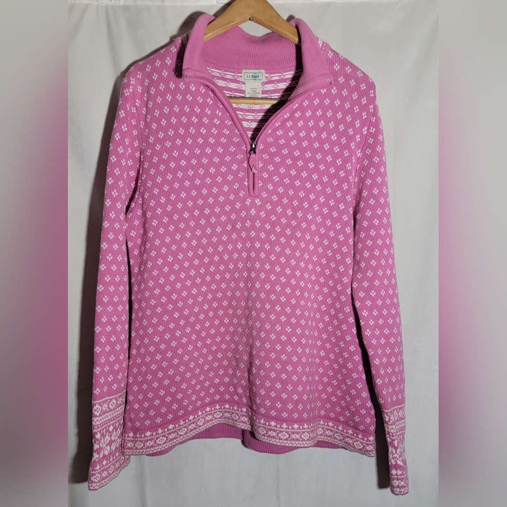 COPY - Vintage Ll Bean Pink White Sweater Mock Neck 1/4 Zip Large